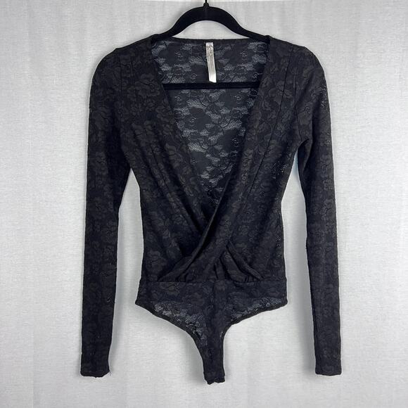Free People Bodysuit Sneaky Surplice Black Lace Whimsigoth Witchy Dark Romantic - Picture 1 of 6